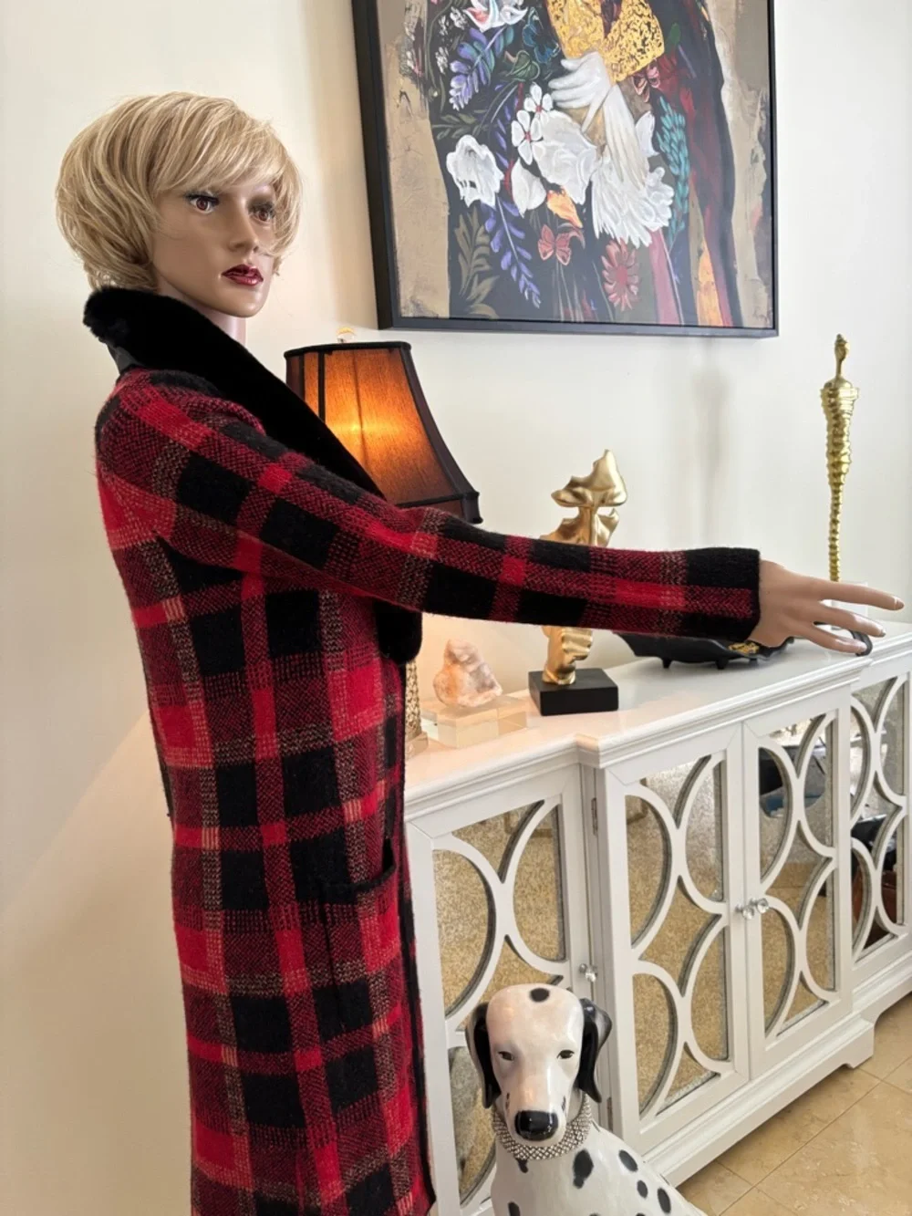 cleo Red and Black Plaid Vest with Black Faux Fur Collar - Picture 7 of 14